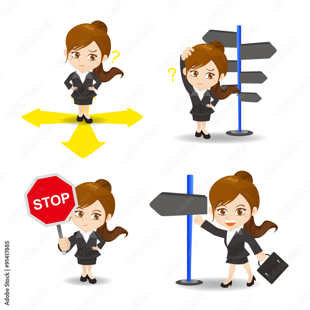 cartoon illustration Businesswoman choose directions cartoon illustration Businesswoman choose directions