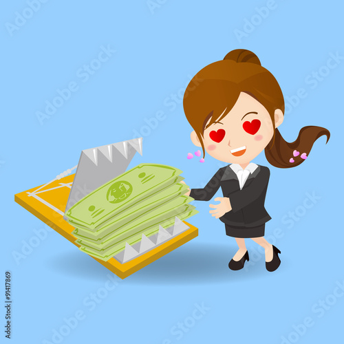 cartoon Businesswoman fall into finance trap