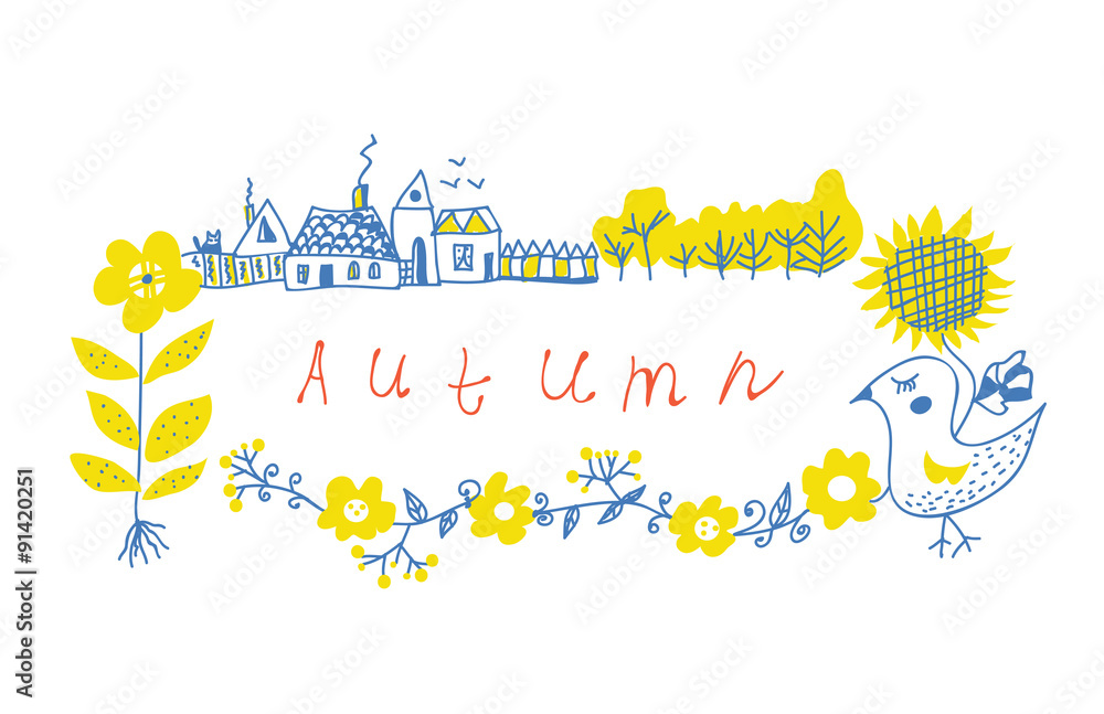 Obraz premium Autumn frame design with farm and flowers