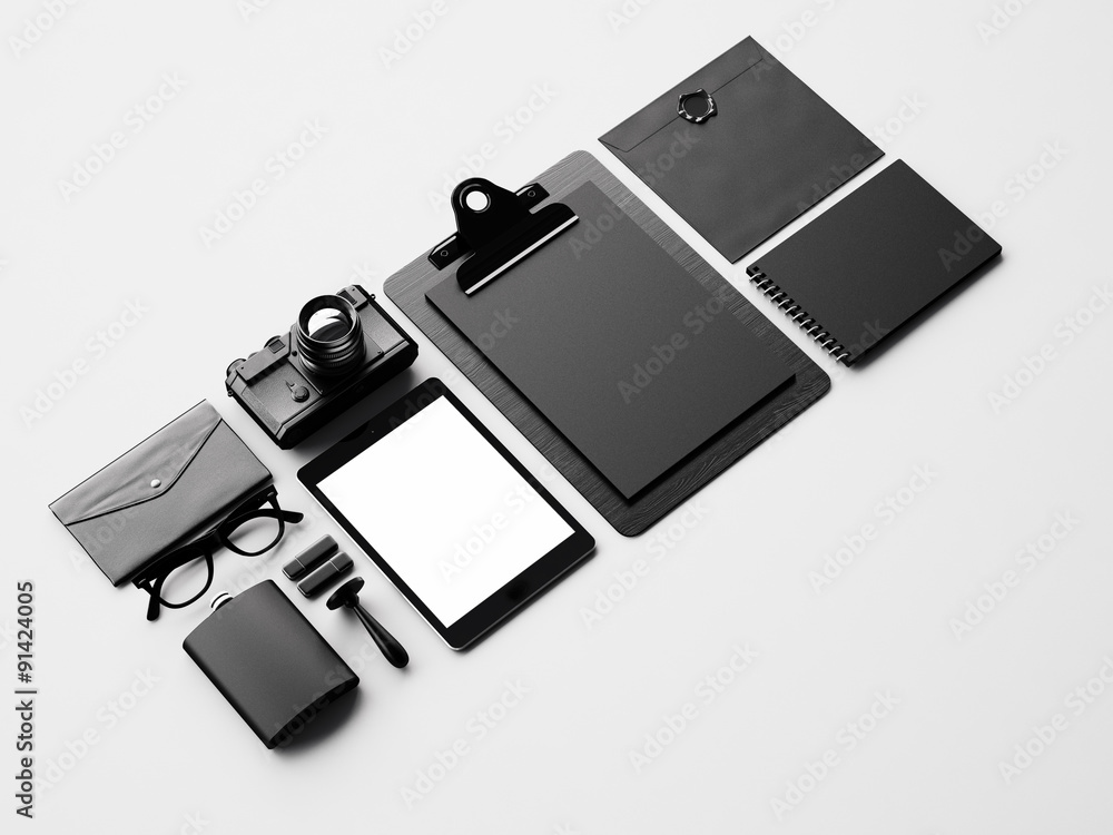Set of blank classic elements on the white table. 3d render Set of blank classic elements on the white table. 3d render