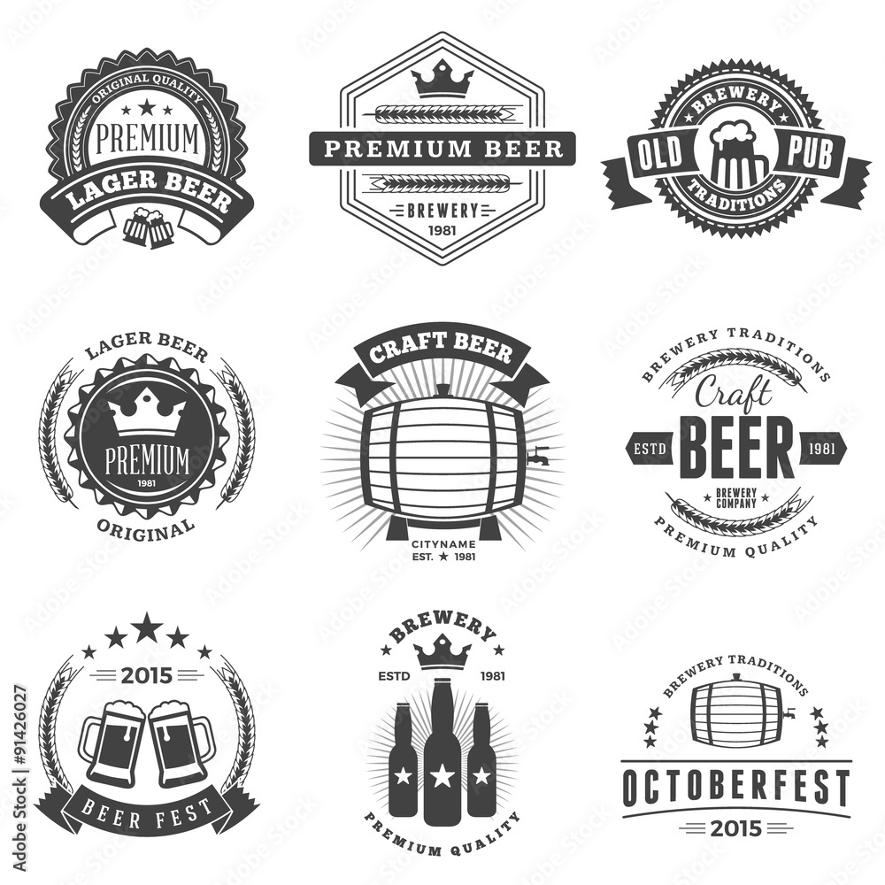 Set of Retro Vintage Beer Badges, Labels, Logos. Black and White Vector ...