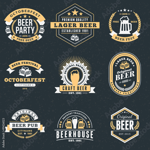 Set of Retro Vintage Beer Badges, Labels, Logos on Dark Background. Vector Illustration