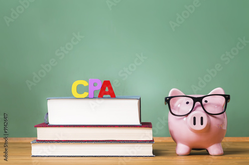 Certified Public Accountant theme with pink piggy bank