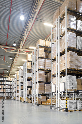 A distribution warehouse with high shelves