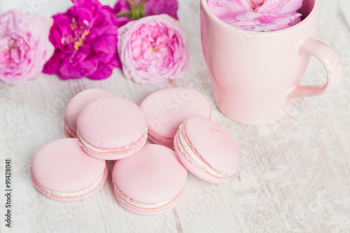Gentle pink macaroons with rose