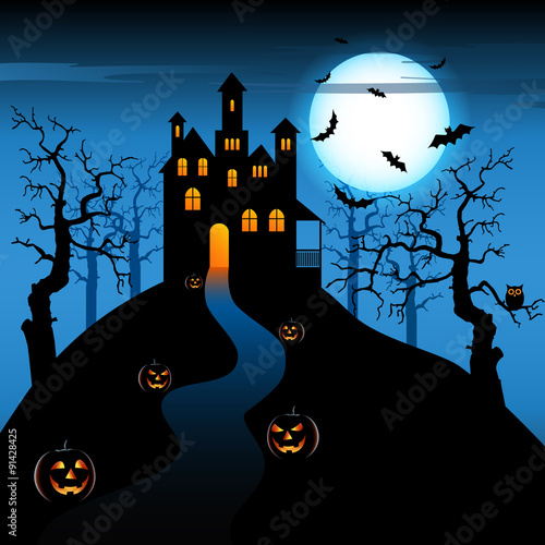 Halloween night with haunted castle and pumpkins