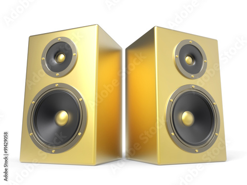 two 3D golden speakers isolated on white background