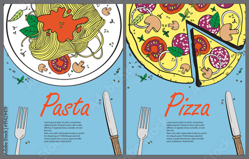 Vector cooking banner template with pizza and pasta.Design a menu.Menu template for restaurant and cafe.Italian cuisine hand drawn objects.Vector food illustration for kitchen and cafe