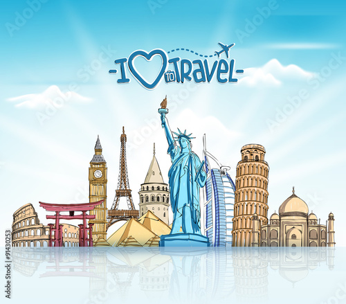 Travel and Tourism Background with Famous World Landmarks