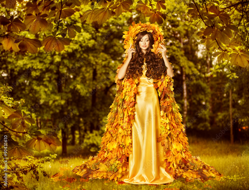 Autumn Fairy Woman, Nymph Yellow Leaves Dress, Goddess Earth