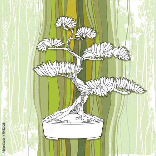Bonsai tree in round pot on the striped background. Traditional Japanese symbol
