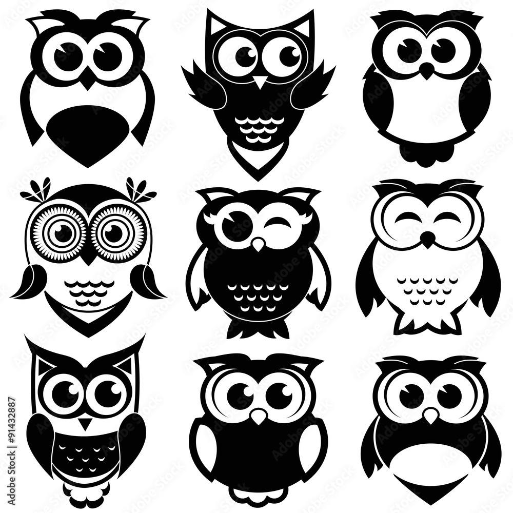 Cute black and white owls set Cute black and white owls set