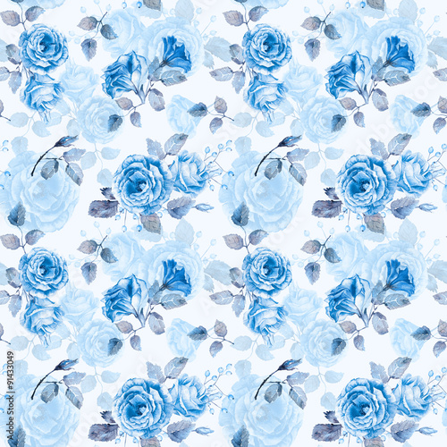 Fototapeta Naklejka Na Ścianę i Meble -  Seamless pattern of watercolor blue roses. Illustration of flowers. Vintage. Can be used for gift wrapping paper, the background of Valentine's day, birthday, mother's day and so on. Monochrome.