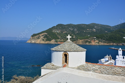 View of Skopelos churches over the bay