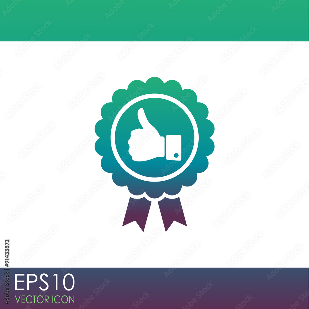 Badge with thumbs up vector icon.