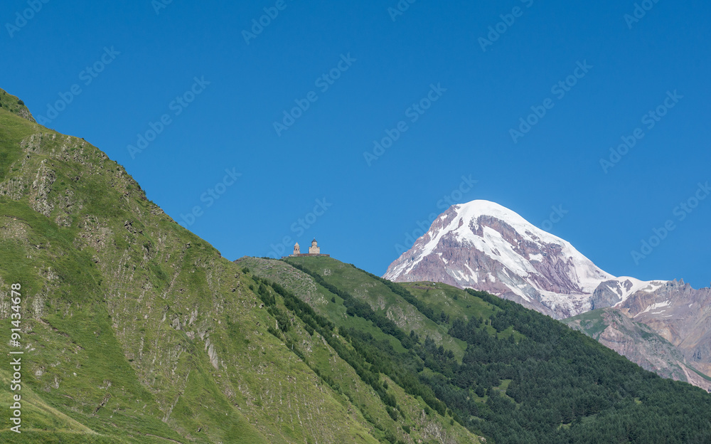 Aerial view in Greater Caucasus Mountains with Mount Kazbek, Georgia