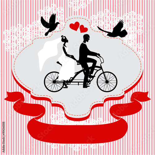 Vintage wedding frame with bicycle and pegions