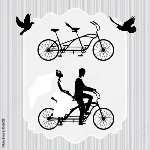 Vintage wedding frame with bicycle and pigeons
