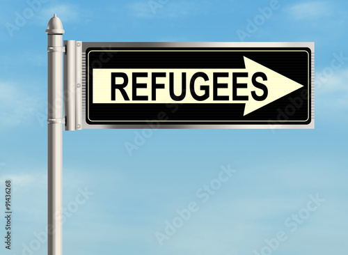 Refugees. Road sign on the sky background. Raster illustration.