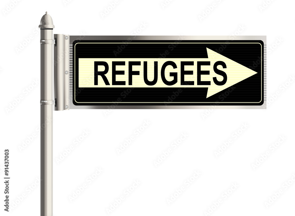 Refugees. Road sign on the white background. Raster illustration. Refugees. Road sign on the white background. Raster illustration.