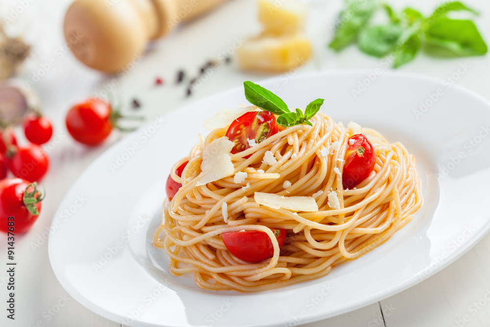 Pasta with tomato sauce, parmesan cheese and basil, Italian food Pasta with tomato sauce, parmesan cheese and basil, Italian food