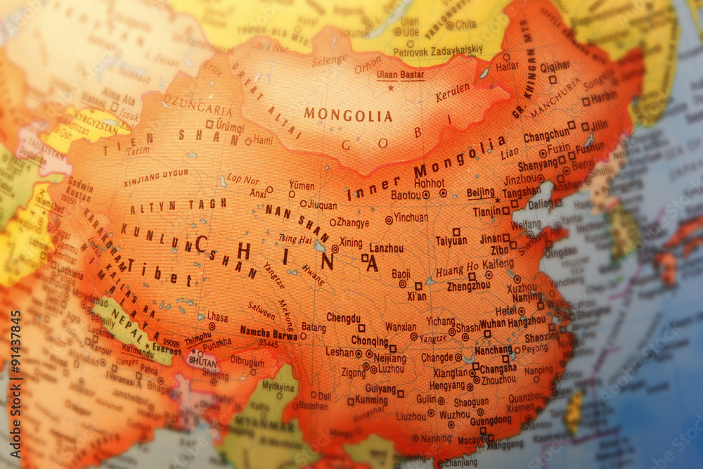 China close-up on globe China close-up on globe