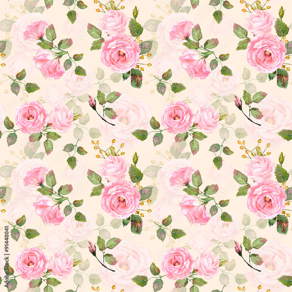 Seamless pattern of watercolor pink roses. Illustration of flowers.  Vintage. Can be used for gift wrapping paper, the background of Valentine's  day, birthday, mother's day and so on. Monochrome. Stock Illustration