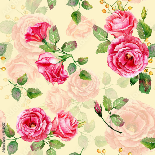 Seamless pattern of watercolor red roses. Illustration of flowers. Vintage. Can be used for gift wrapping paper, the background of Valentine's day, birthday, mother's day and so on.