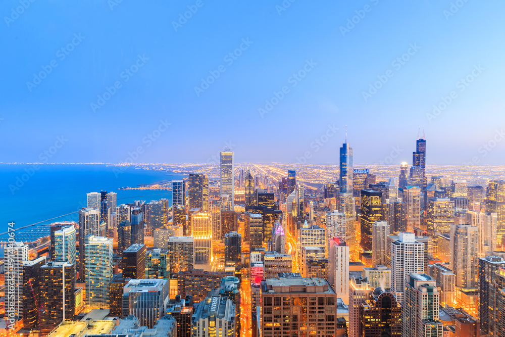 Chicago skyline view over Lake Michigan.