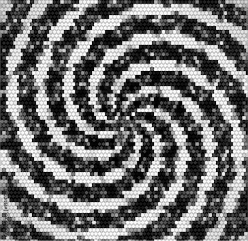 Abstract retro black and white swirling pattern of mosaic cubes and spirals