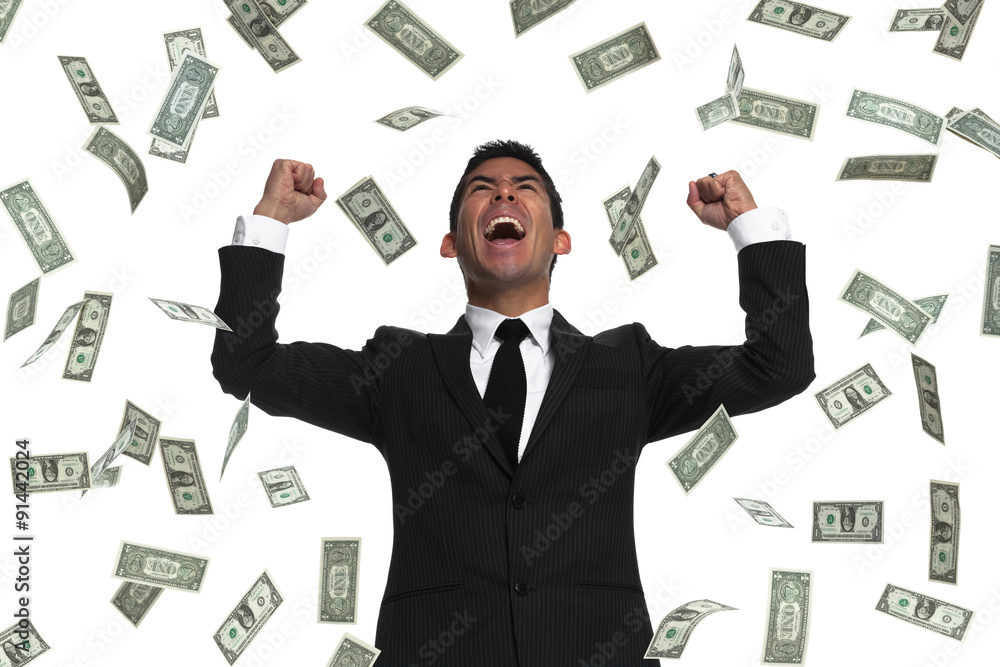 Raining money on a celebrating businessman Raining money on a celebrating businessman