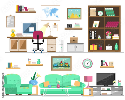 Flat style set of home furniture: bookcase, sofa, armchair, pictures, tv, lamp, computer, table, flowers, clock, shelves. Interior design isolated vector illustration.
