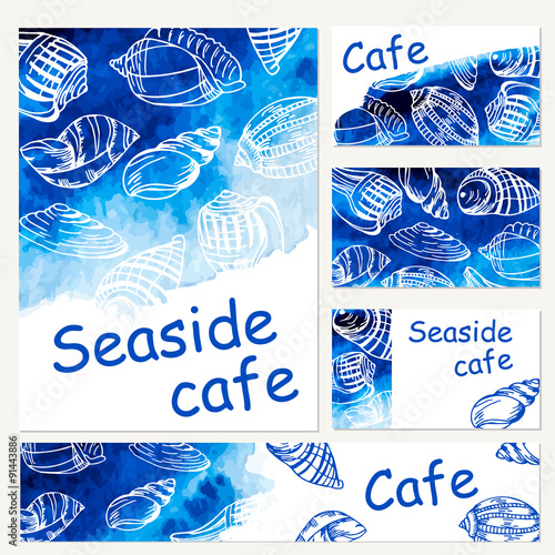 Seafood menu design template. Vector sea watercolor background.