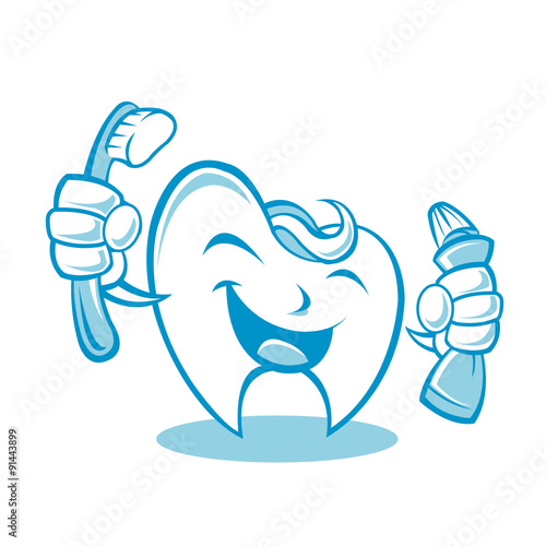 Smiling tooth with toothbrush and toothpaste