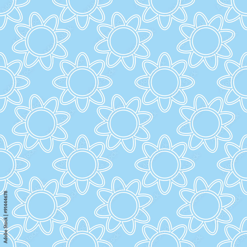 Linear white flowers on  blue background seamless pattern. Abstr
