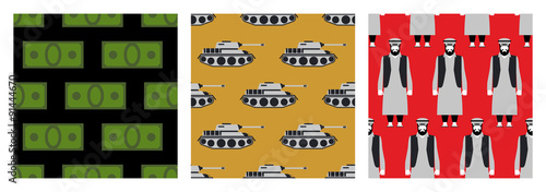 War in Syria. Set of seamless pattern. Many money. Military tran
