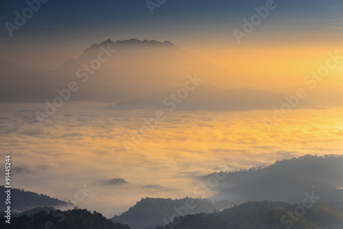 Mountain landscape with mist sunrise in Huai Nam Dang National P