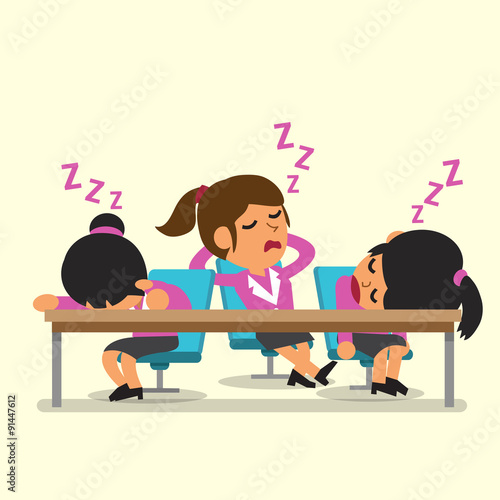 Cartoon businesswoman team falling asleep for design.