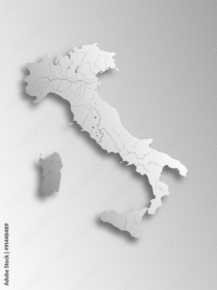 Map of Italy with paper cut effect. Rivers are shown..