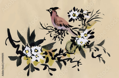 Watercolor wild exotic birds on flowers 