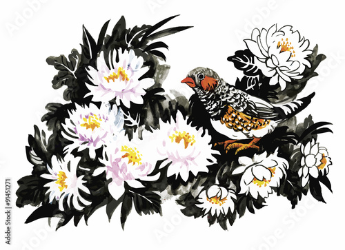 Tropical birds with flowers colorful pattern on white background