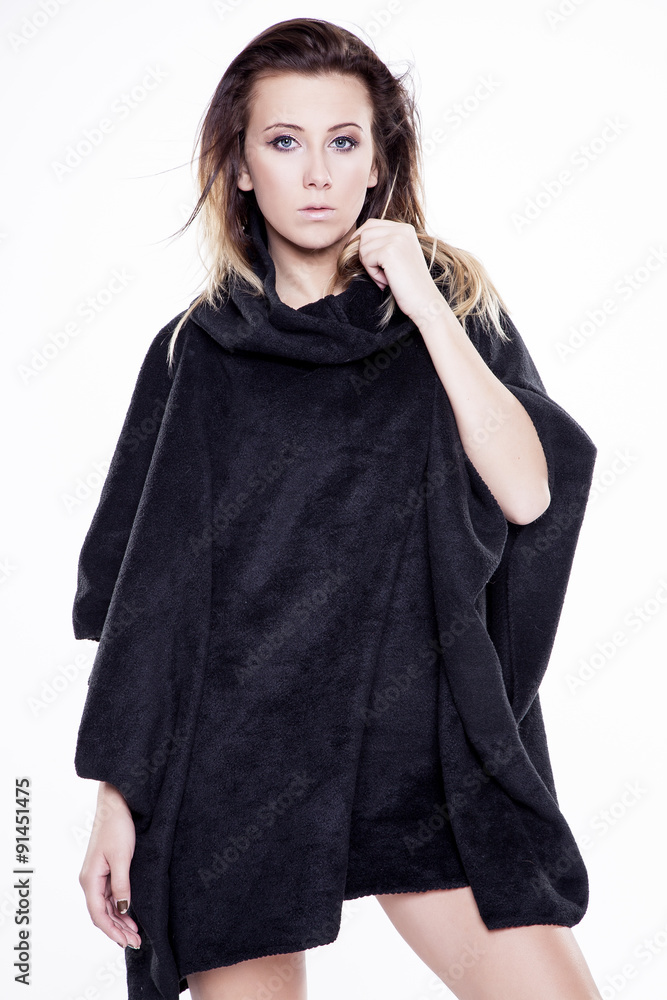 Young slim sexy woman in fashionable dress isolated on white bac