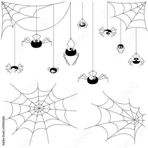 Set vector spiders and webs isolated on white background