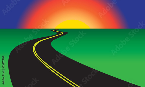 Asphalt winding road and green landscape. Vector illustration.