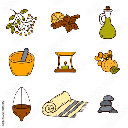 Set of cartoon ayurvedic icons in hand drawn style: herbs