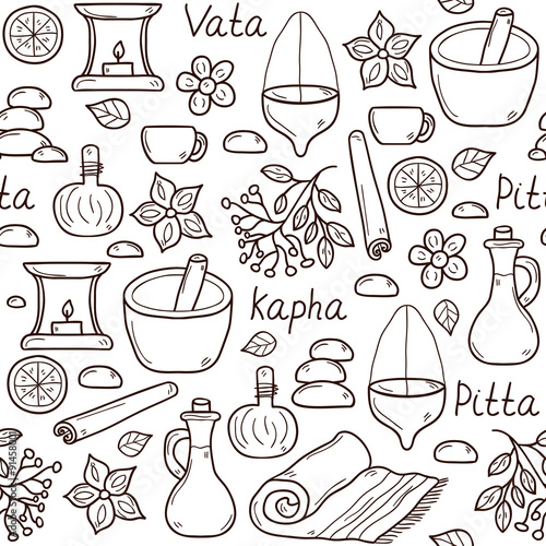 Seamless background with cartoon ayurvedic objects in hand drawn