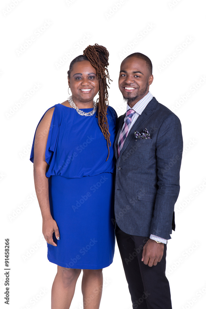 A portrait of a middle aged woman and her teenage son isolated on white A portrait of a middle aged woman and her teenage son isolated on white