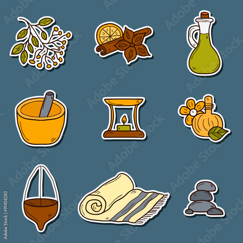 Set of cartoon ayurvedic icons in hand drawn style: herbs