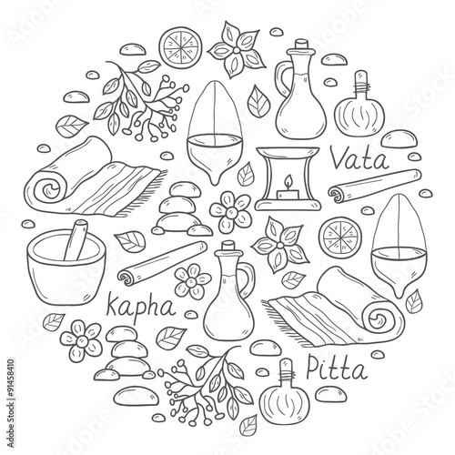 Set of cartoon ayurvedic hand drawn objects for background in