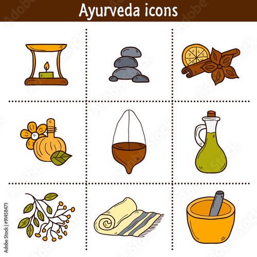 Set of cartoon ayurvedic icons in hand drawn style: herbs